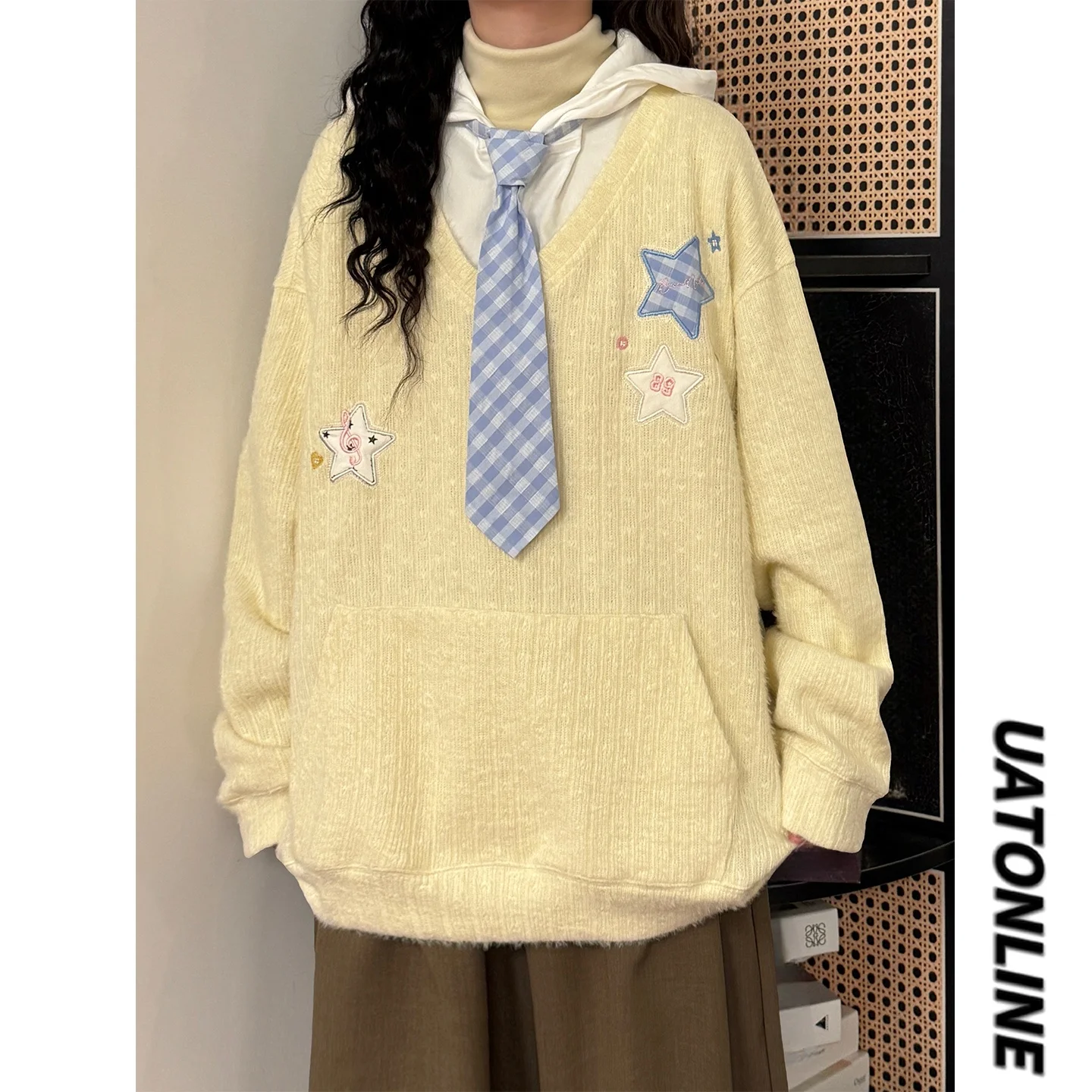 UATONLINE American Retro Style Knitted Plaid Star Tie Hoodie Women's Loose Fit Autumn Fashion Ladies' Knitwear