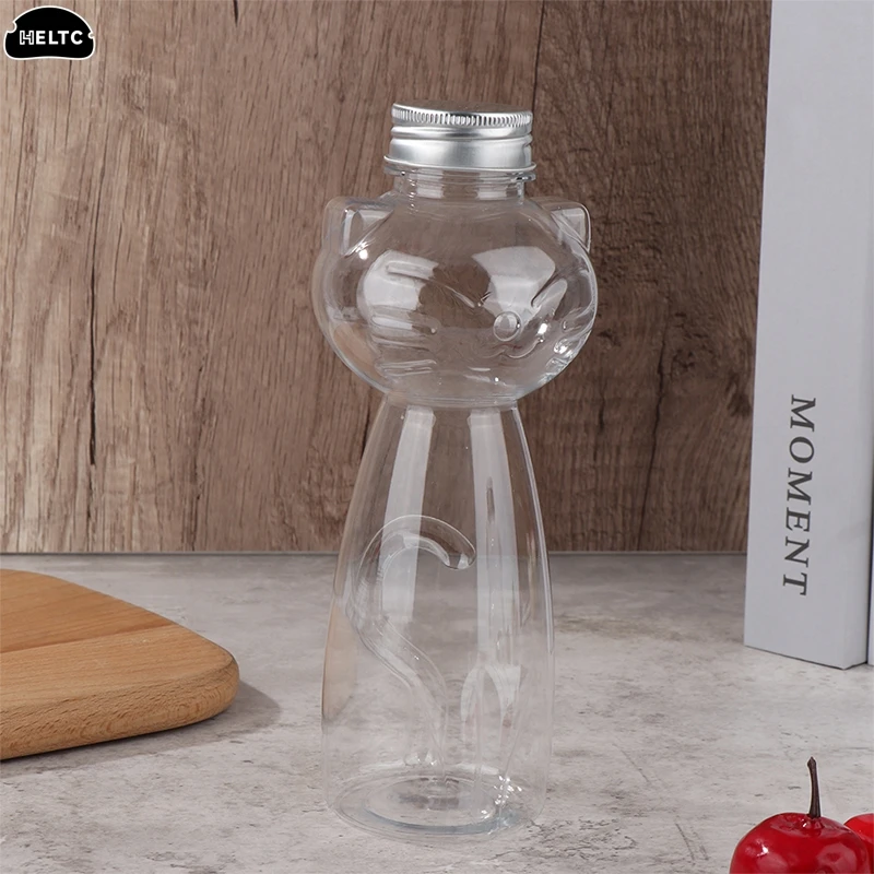 1PCS  Transparent 350/500ML Homemade Juice Bottles Transparent Pet Juicing Beverage PET Bottle Cold Drink Sealed Cap Cat Bottle