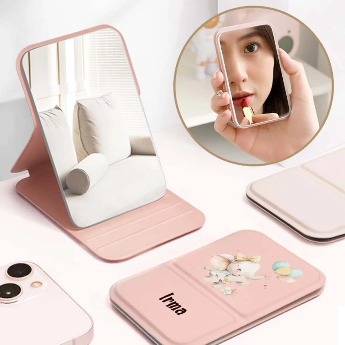 1 piece engraved customized makeup mirror Compact, lightweight, and easy to carry Solid color minimalist PU folding makeup mirr