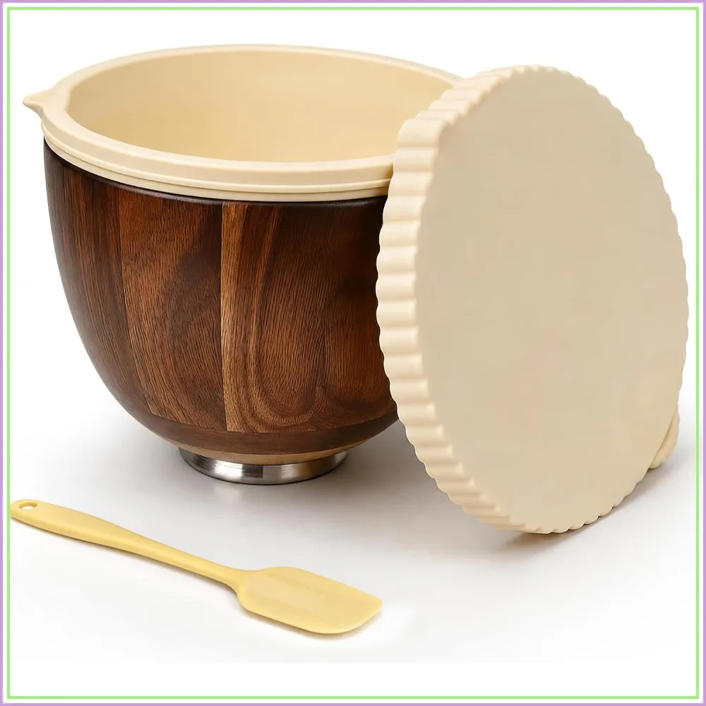 

Premium Wood Mixing Bowl Set with Silicone Liner, Lid & Spatula, Compatible with 4.5 & 5 Quart Tilt-Head Stand Mixers, 5QT Natural Wooden Bowl with Locking Base for Baking, Dough Proofing