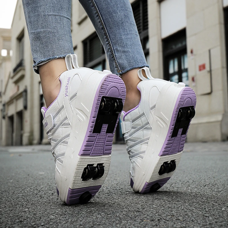 Boys Girls Roller Shoes Fashion With 4 Wheels Semi Professional Children Parkour Deformation Pulleys Running School Skate Shoes view 5