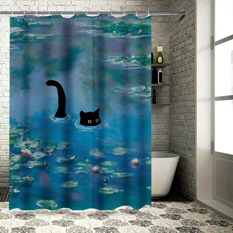 Unique Cat in Waterlily Pond Shower Curtain, Waterproof Fabric with for Quirky Bathroom Decor, Perfect for Cat Lovers
