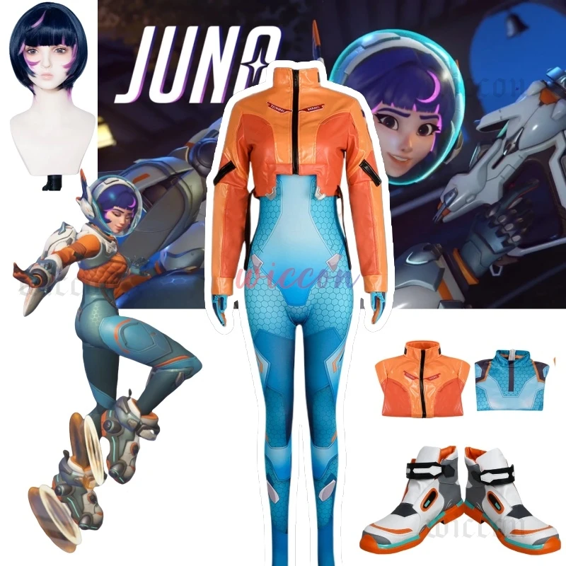 

Overwatch 2 Юнона, костюмы для косплея, парик, полный комплект обуви, ткань с поддержкой героя, карнавальный наряд на Хэллоуин, Juno Teo Minh, для женщин и девочек