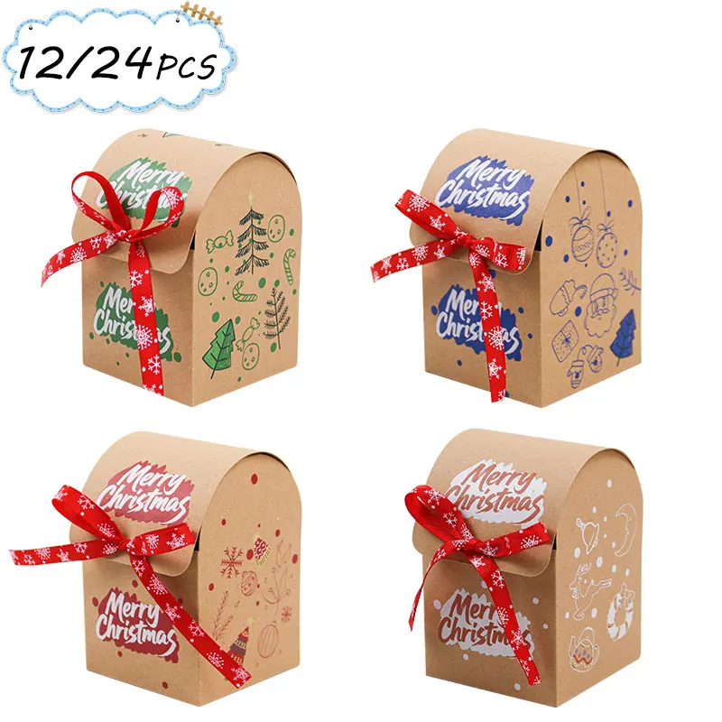 12/24PCS Christmas Gift Boxes with Snowflake Ribbon, 4 Designs Small Xmas Decorative Packaging Boxes for Holiday Party Favors