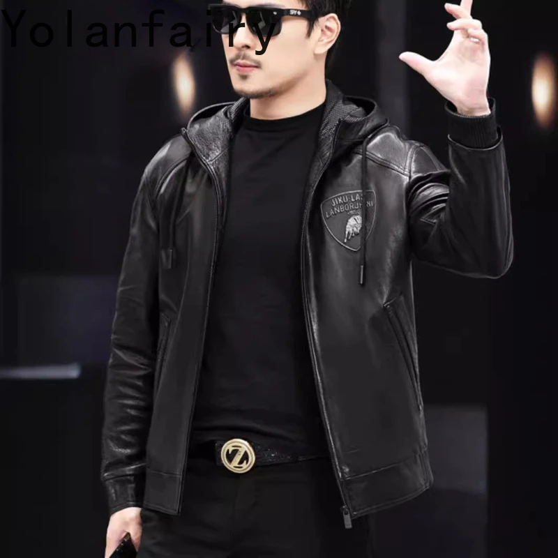 YOLANFAIRY Genuine Leather Cowhide Jackets for Men Spring Coats Hooded Cropped Jacket Fashion Black Clothing Veste Cuire Homme