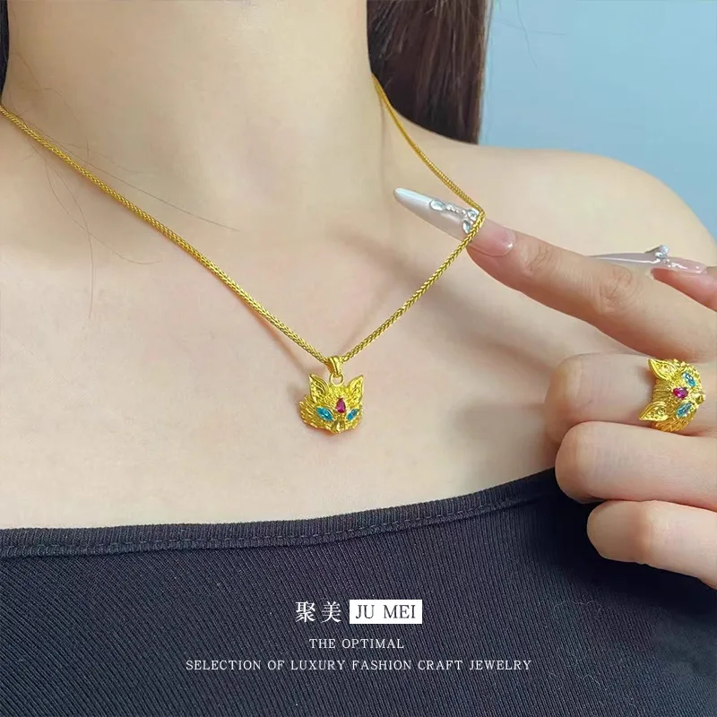 Luxury 24K 9999 Pure Gold real gold Women's Fox Pendant Fox Ring Necklace