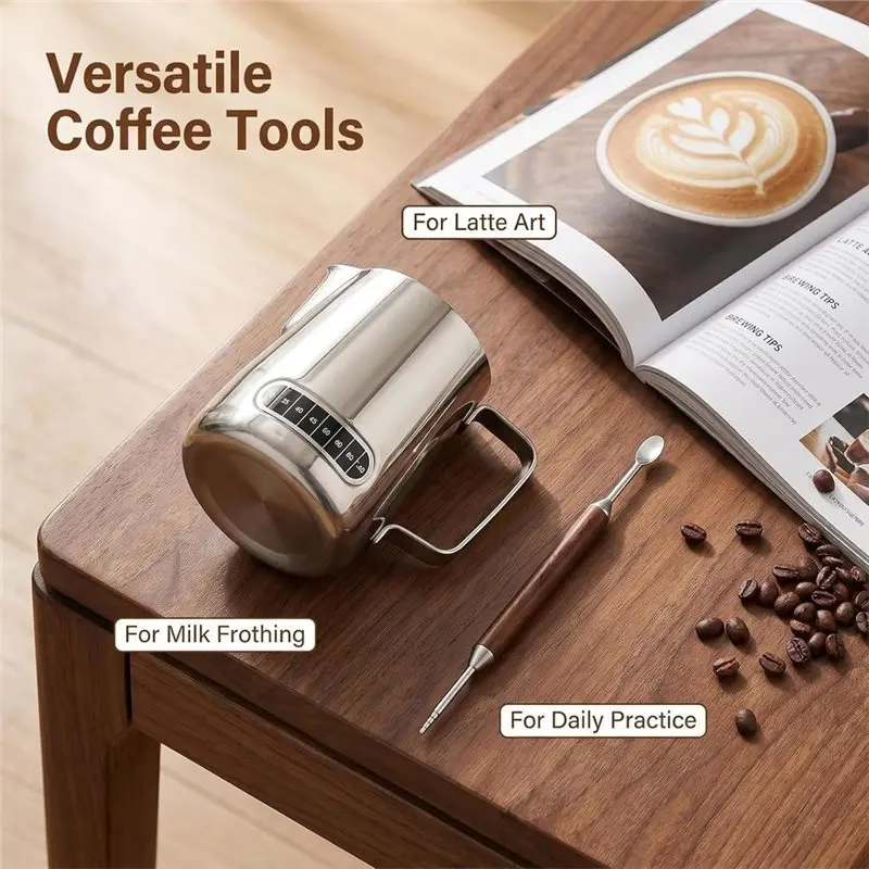 B50C Milk Frothing Pitcher With Built-In Thermometer,350Ml Stainless Steel,Barista/Beginners Frother Cup With Latte Art Pen