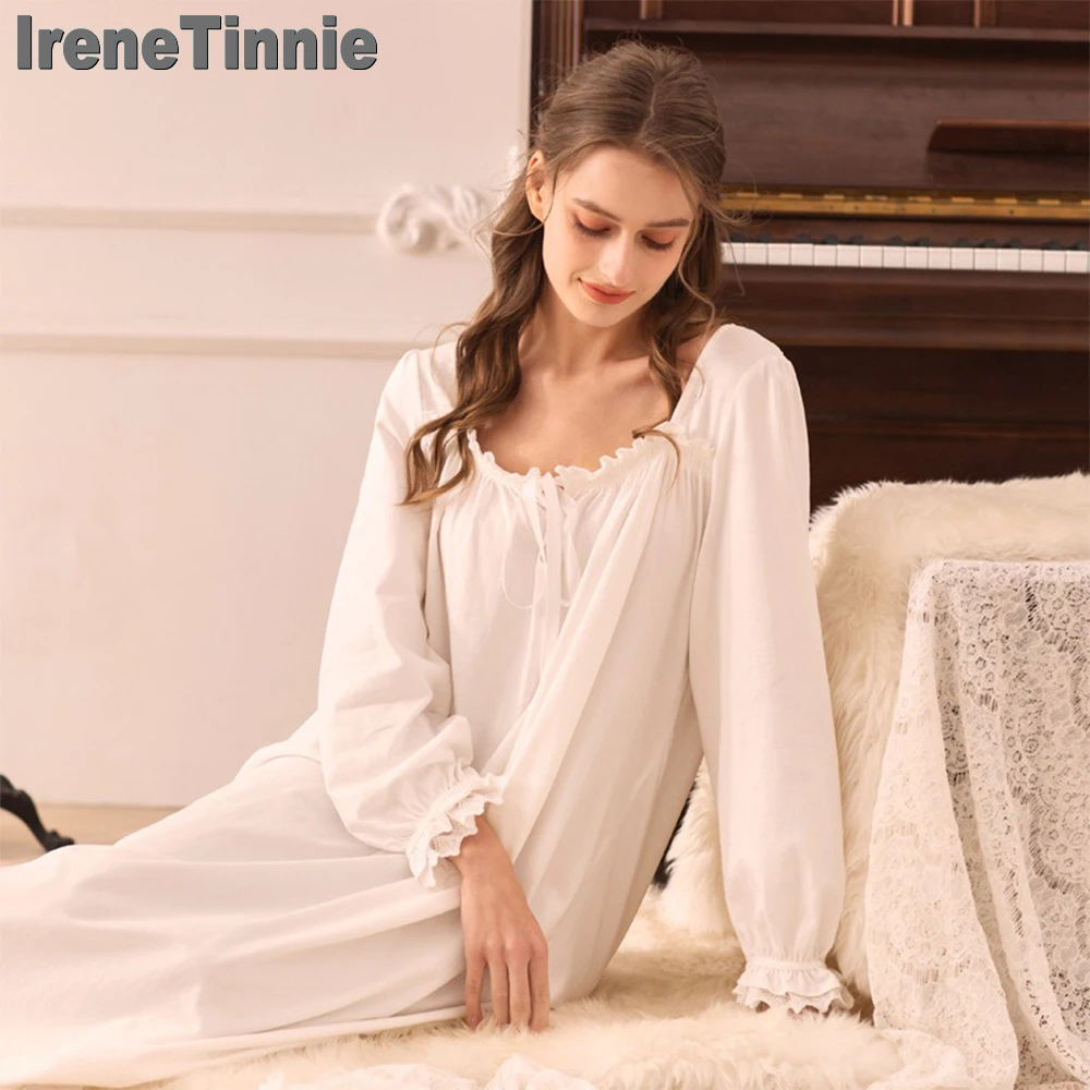 

IRENE TINNIE Autumn Pure Cotton Long Sleeve Peignoir Vintage Nightgowns Princess Nightwear Women Loose Long Dress Home Clothes