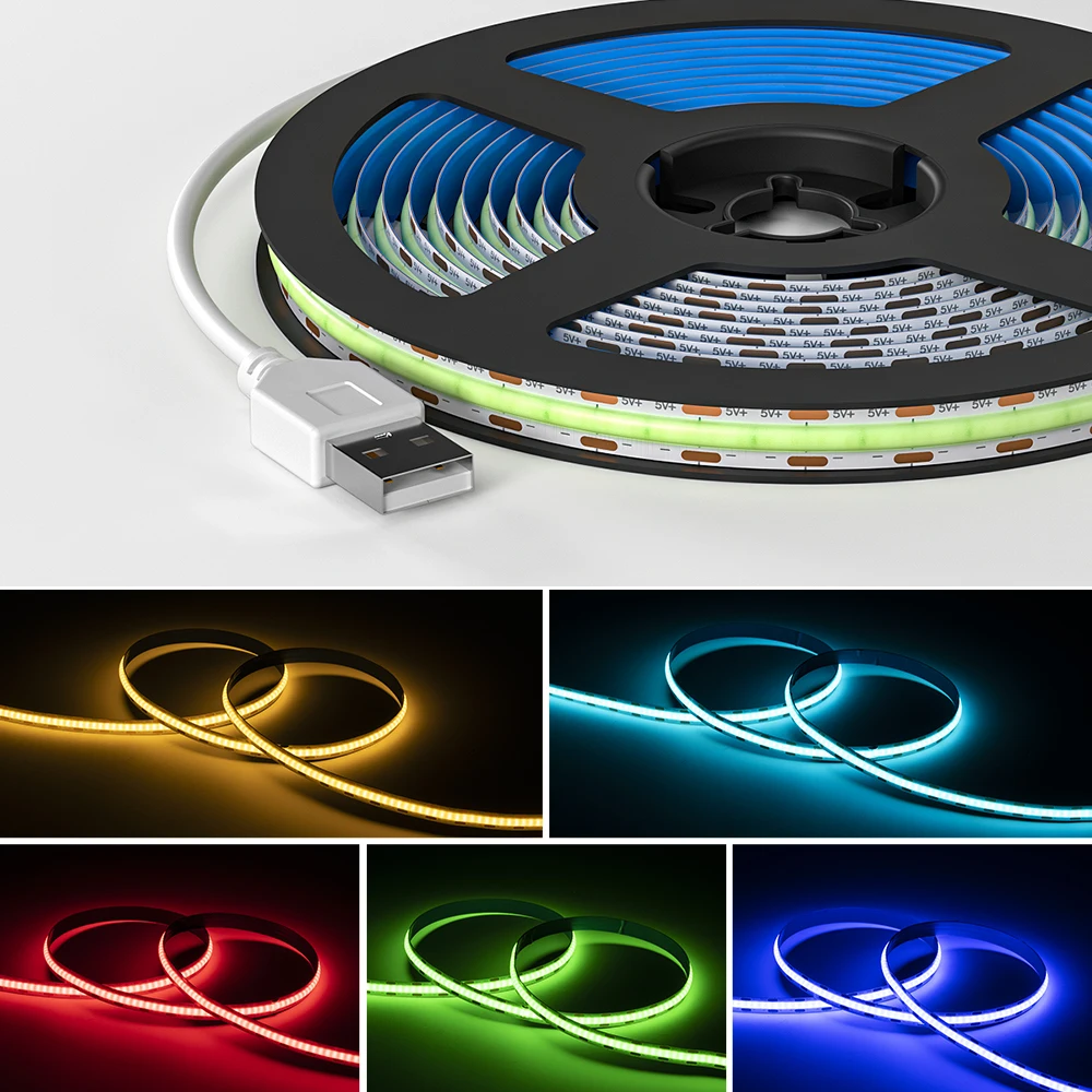 DC5V USB FCOB LED Strip Light 320 LEDs High Density COB FOB Led Lights RA90 3000K 4000K 6000K Red Ice Blue Green Linear Dimmable