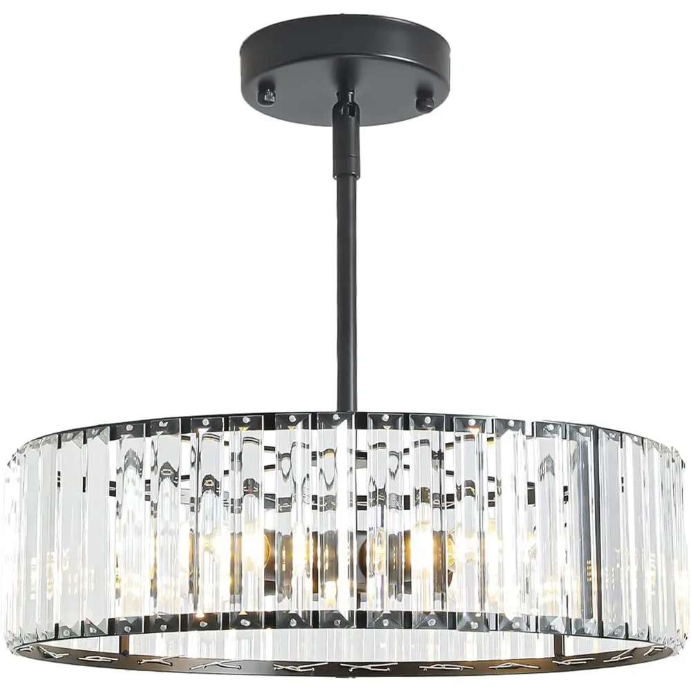 

4-Light Black Crystal Chlier or Dining Room,ern Semi lush Mount Ceiling Lighting ixtures,Round Kitchen Hanging Drum Pendant Ligh