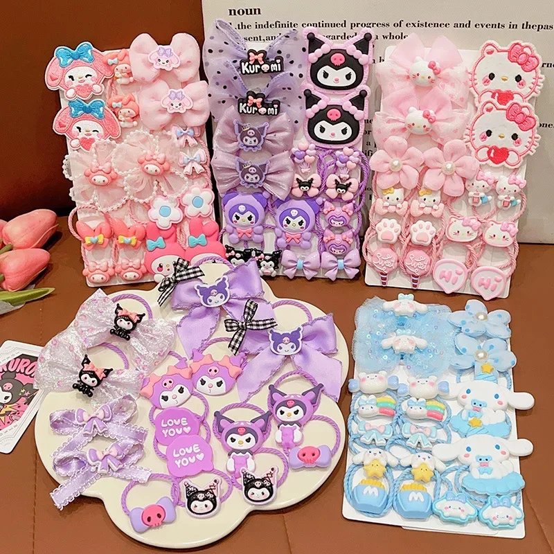 

18Pcs Sanrio Kawaii Hello Kitty Stretch Bow Hair Tie for Kids Kulomi Double Ponytail Leather Band Hair Accessories Student Gift