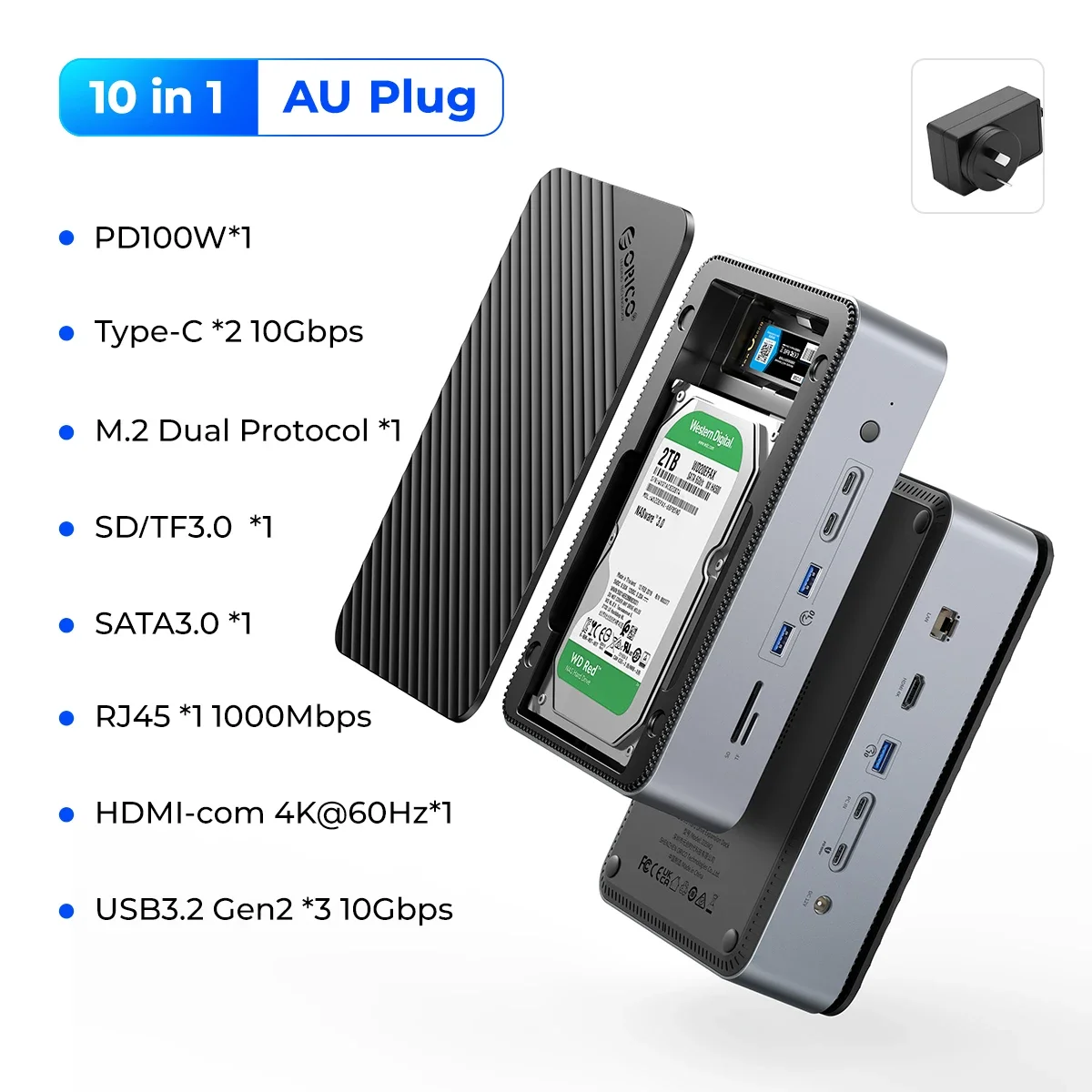 ORICO 2,5/3,5 inch HDD-dockingstation met M.2 SATA NVMe SSD-behuizing USB C 10Gbps PD 100W RJ45 SD/TF 4K 10 in 1 dockstation