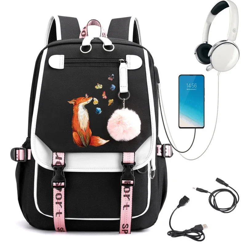 Kawaii Fox Butterfly Aesthetic Women Backpack School Bag for Teen Girls Rucksack Student Bookbags USB Charging Teenager Mochila