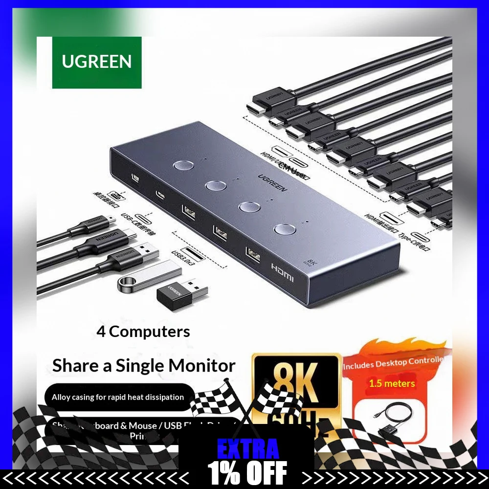 UGREEN 35986 AK701 HDMI 2.1 KVM Switch 4 In 1 Out 8K Video Selector for Four Computers One Monitor