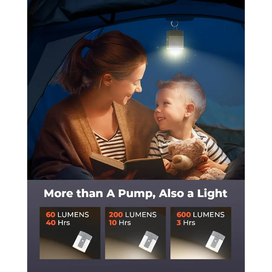 ปั๊มลมไฟฟ้าขนาดเล็กพิเศษ พร้อมแบตเตอรี่ 2600 mAh และไฟสำหรับตั้งแคมป์ สำหรับสินค้าที่ต้องการการเป่าลม: เหมาะสำหรับการเป่าลมและปล่อยลมอย่างรวดเร็ว