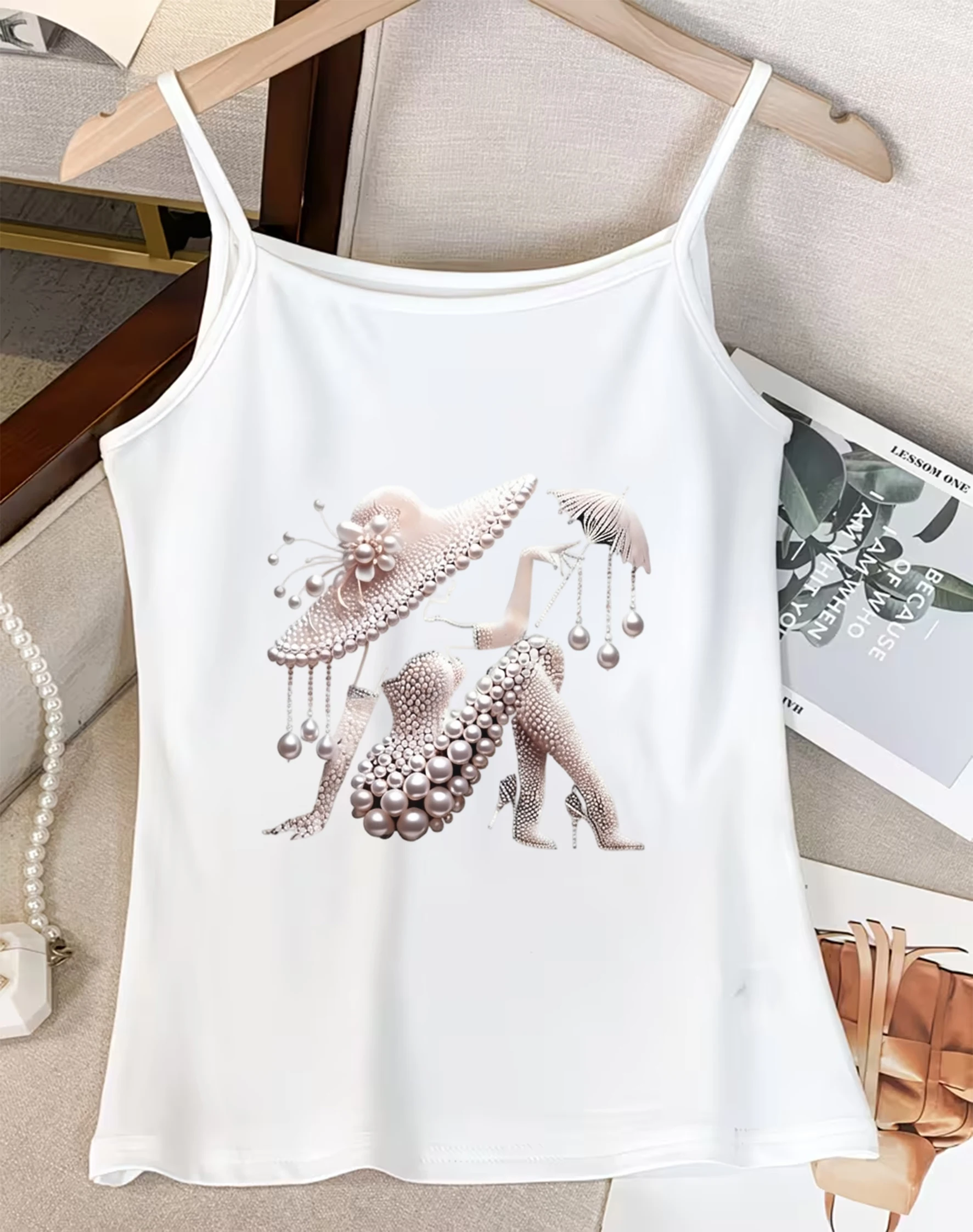 Elegant Fashion Graphic Tank Blouse Womens Summer Sleeveless Spaghetti Strap Camisole Casual Top with Luxury Lady Painting