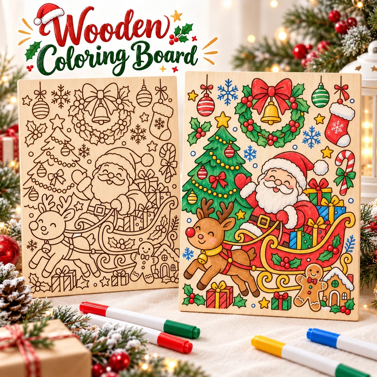 30x45cm Christmas Wooden Coloring Board, Christmas DIY Coloring Craft, Holiday Marker Art Kit, Christmas Wall Decor for Adults