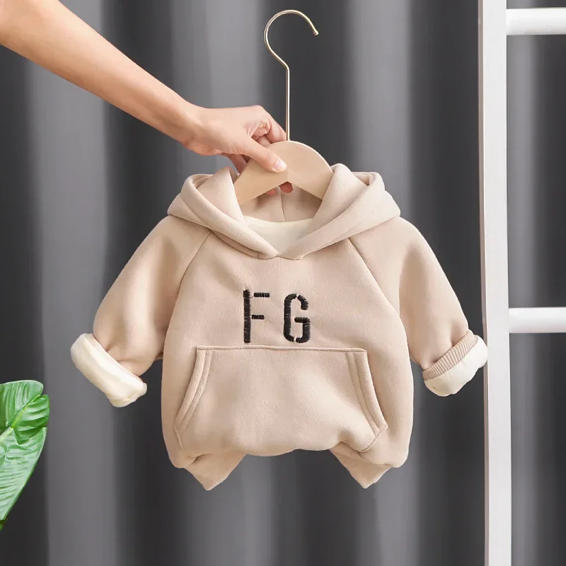 

Childrens Clothes 2023 Autumn Winter Baby Boys Girls Plush and Thicken Letter Embroidery Long Sleeve Hooded Hoodies Kids Tops