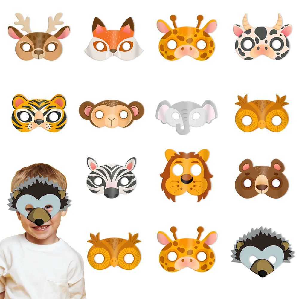 12 قطعة من أقنعة حيوانات سفاري المختلطة للأطفال في حديقة حيوان الغابة وأقنعة كرتونية لتزيين حفلات أعياد الميلاد على شكل حيوانات الغابة