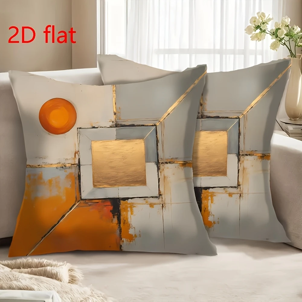 2PCS Abstract Geometric Orange Gold Print Pillow Covers Modern Art Decorative Throw Pillow Sofa Couch Bedroom Home Decor