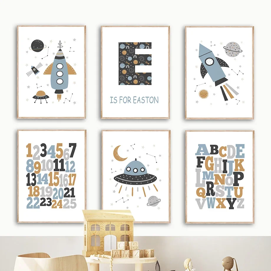 

Space Planet Rocket Saucer Alphabet Number Nursery Print Nordic Posters Wall Art Canvas Painting Pictures Baby Kids Room Decor