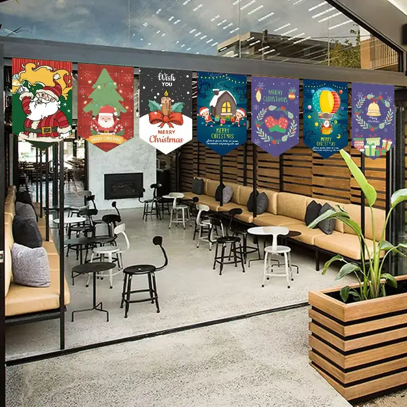 VIKAMA Christmas Triangle Pennant Santa Stocking Tree Bell Candy Cane Print Hanging Banner For Cafe Bar Restaurant Party