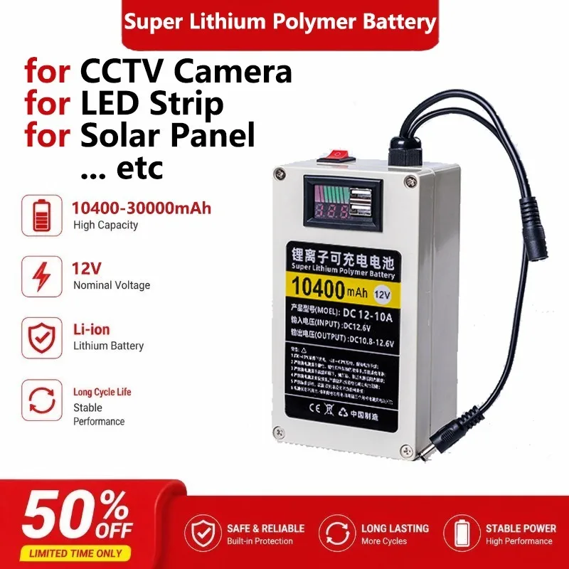 for 12V 30000mAh Battery with LED Digital Display Switch & USB Output for CCTV Camera LED Strip Solar Panel Camping Emergency