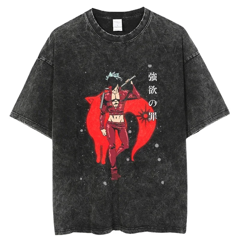 Hotsale The Evevn Deadly Sins Hip Hop Washed T-Shirt Streetwear Harajuku Ripped Oversize Graphic Printed T Shirt Spring Short