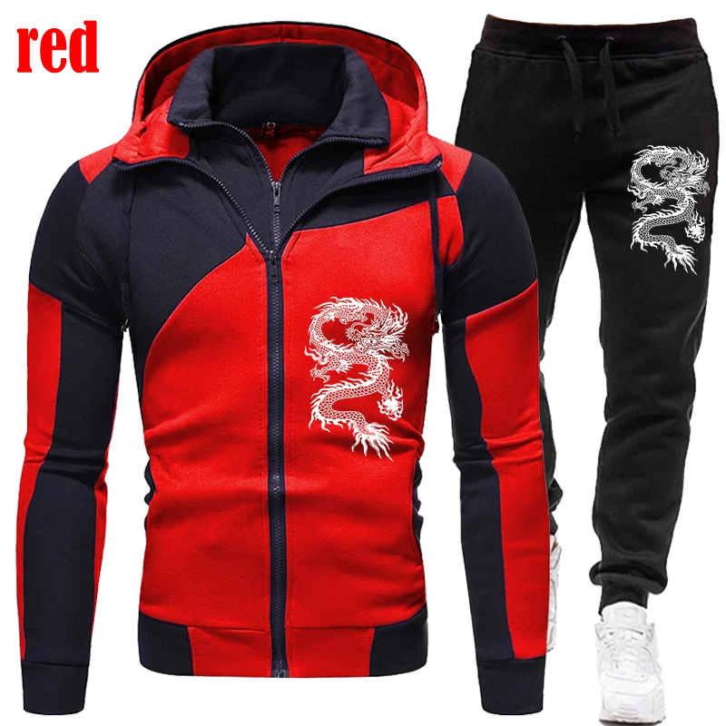 New Fashion Dragon Printed Mens Tracksuit Set Zipper Hoodie Suits Two Pieces Set Jogging Suits Sports Wear