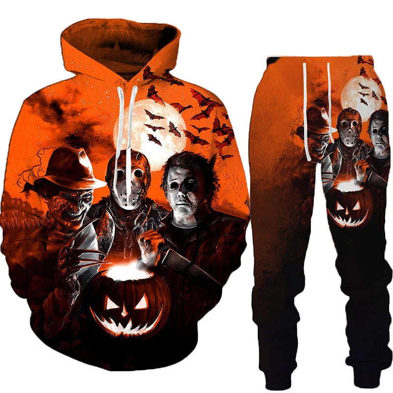 Conjunto de moletom com capuz masculino horror 3d impresso rua hoodies conjunto casual adulto duas peças moletom terno masculino feminino universal novo terno