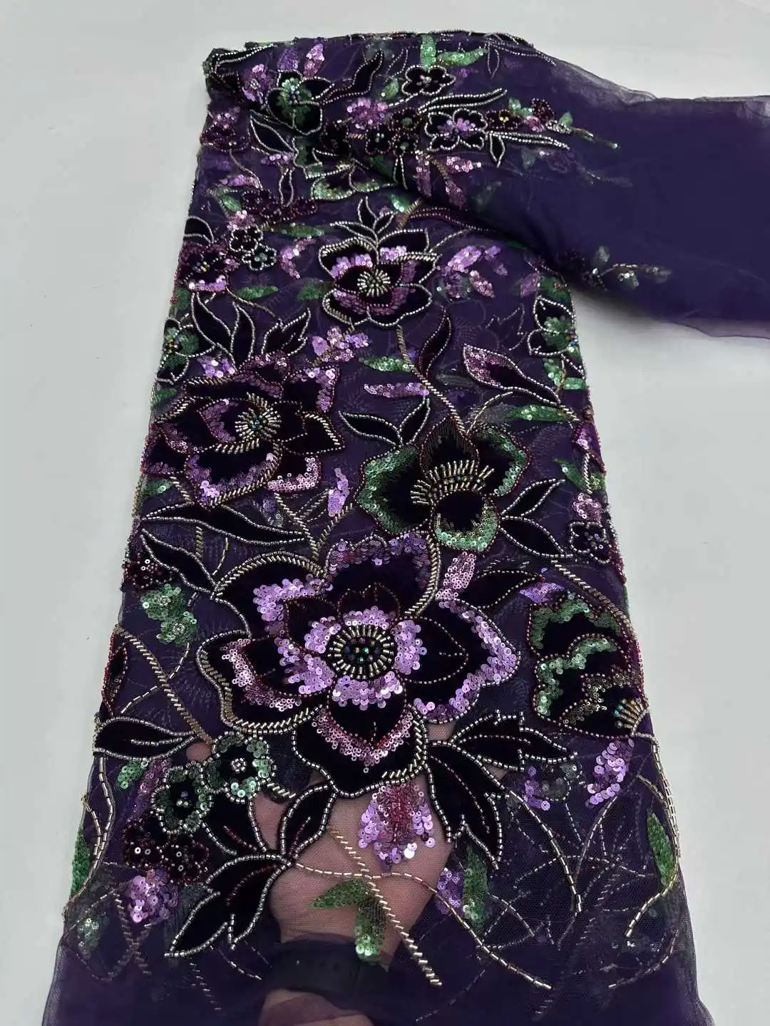 

African Sequence Lace Fabric 2025 High Quality Nigerian Sequins Beads French Tulle Lace Fabric Material For Wedding Dress