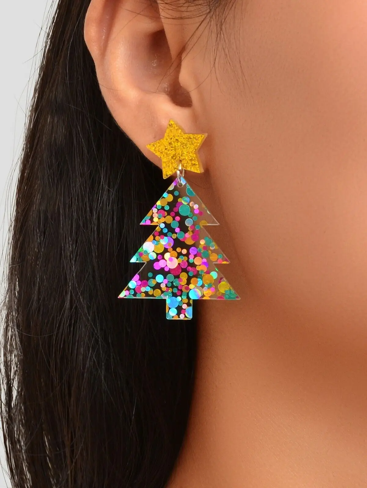 Christmas Tree Pendant Earrings For Women Simple Colorful Star Sequin Jewelry Holiday Party Earrings Girls Gift Personalized