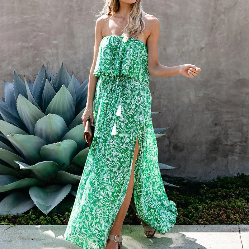 

Summer 2025 Leaves Print Bohemian Evening Dress Women Sexy Swing High Slit Party Dress Elegant One Shoulder Pleat Beach Dresses