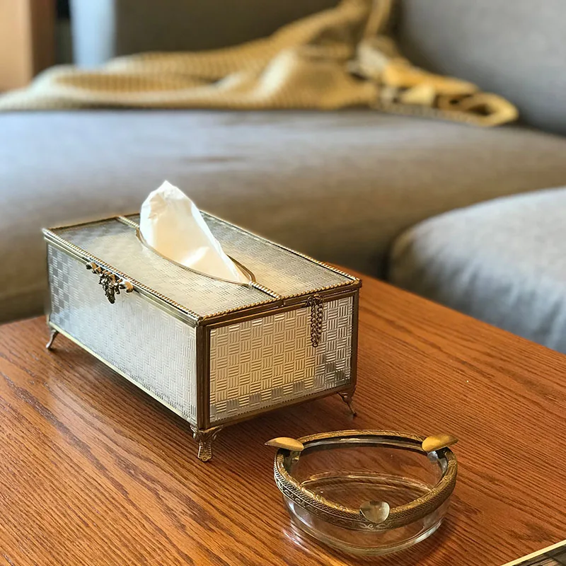 

Jane European American light luxury retro brass pattern glass tissue box living room creative dining room pumping box napkin box