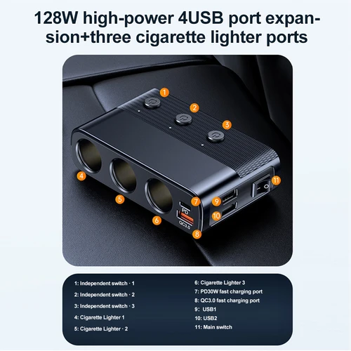 Imagen 2 del producto Divisor de cargador de coche de 128W, multipuertos PD30W QC3.0, adaptador de encendedor de cigarrillos, divisor de enchufe de encendedor de coche con interruptor