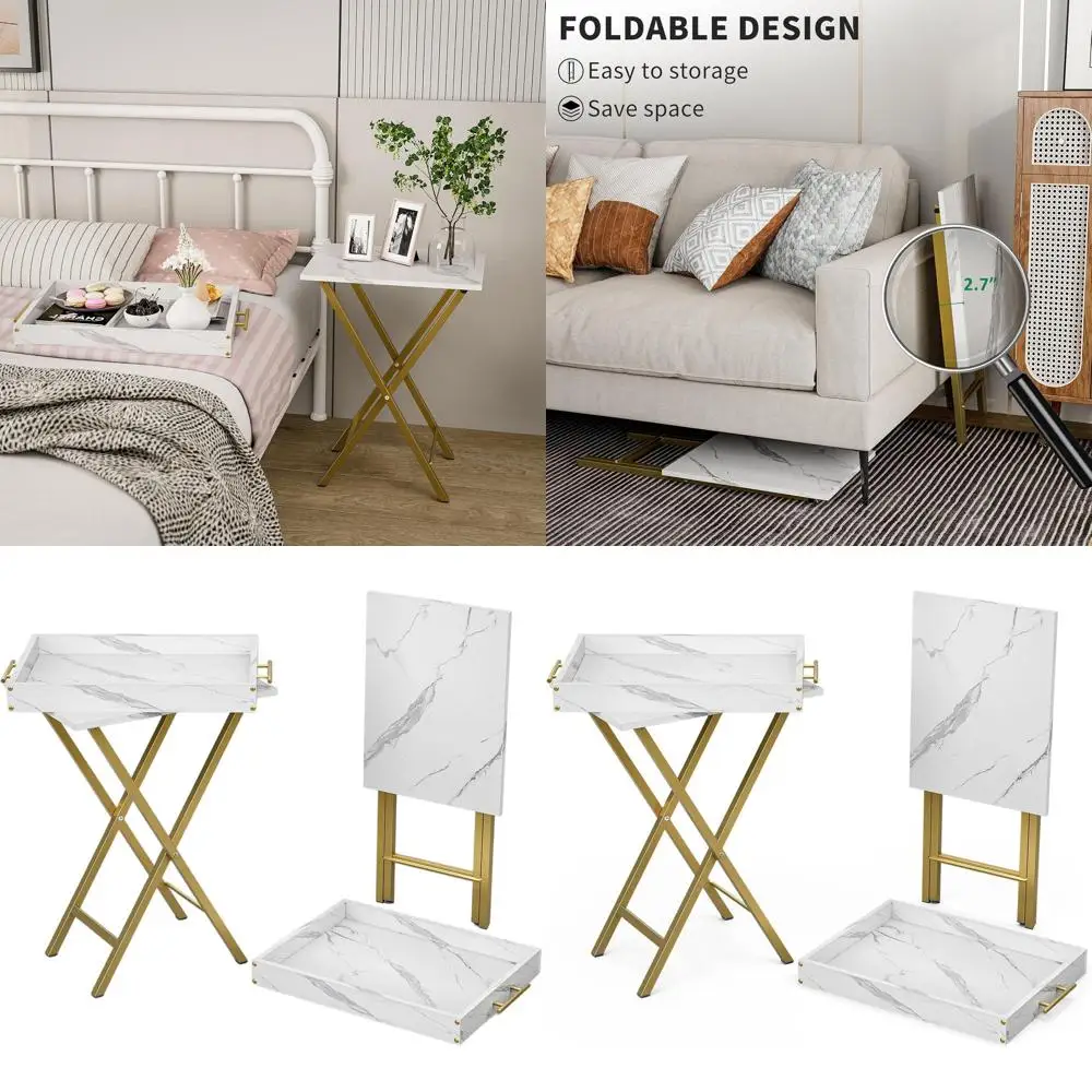 زوج من صواني التلفزيون القابلة للطي مع قمصان قابلة للفصل، مثالية للوجبات الخفيفة والخدمة في مساحات المعيشة، باللون الأبيض