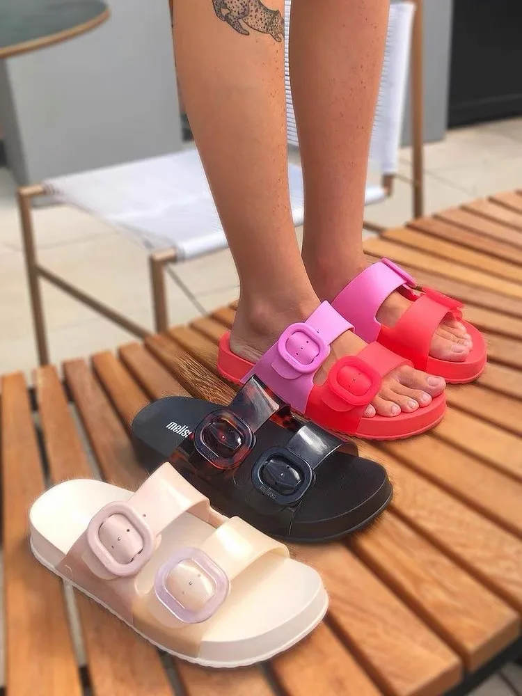 Mini Melissa Women\'s Fashion Sandals Ladies Double Straps Flat Bottomed Flip Flops Adult Girls Color-matching Casual Beach Shoes