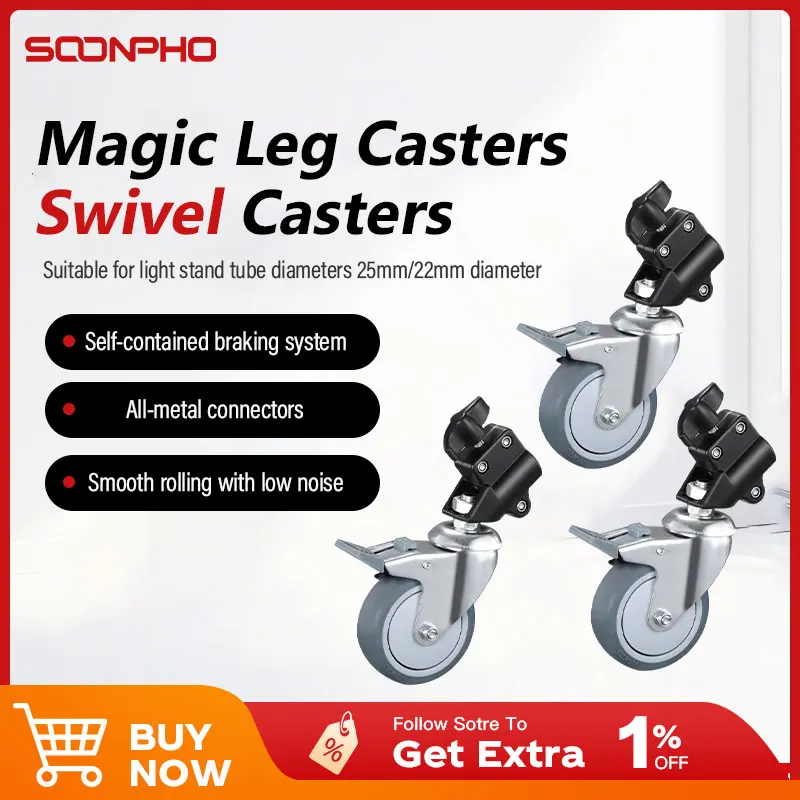 

SOONPHO 3Pcs C-Stand Swivel Caster Wheel Set 25MM Diameter All Metal For Light Stand Tripod Magic Leg Photography Accessories