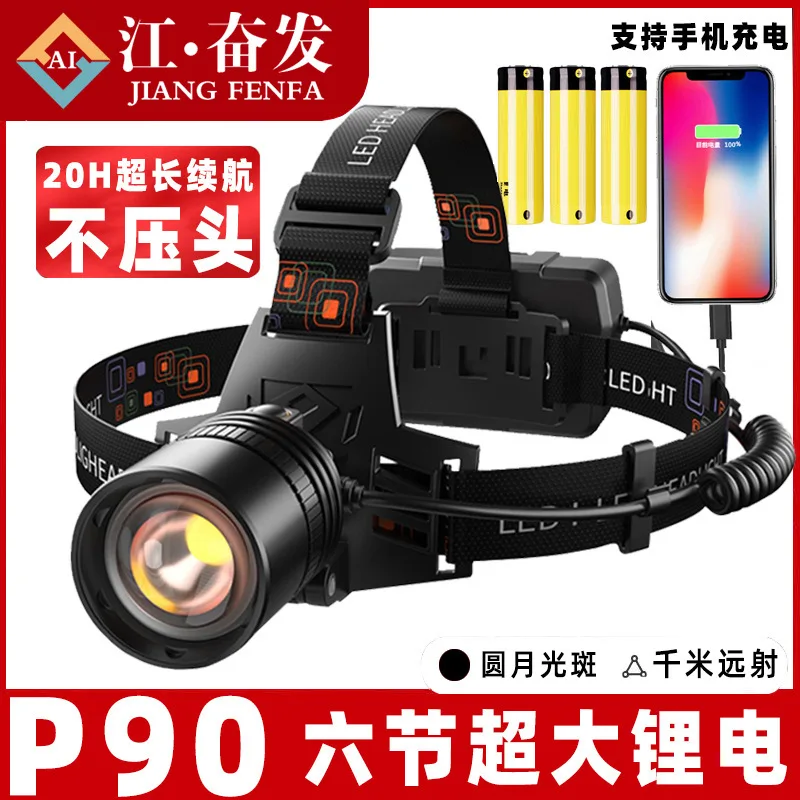 Cross-BorderP70HeadlampLEDRechargeable Head-mounted Zoom Headlamp Fishing Ultra-long Battery Life Outdoor Strong Light Searchlig