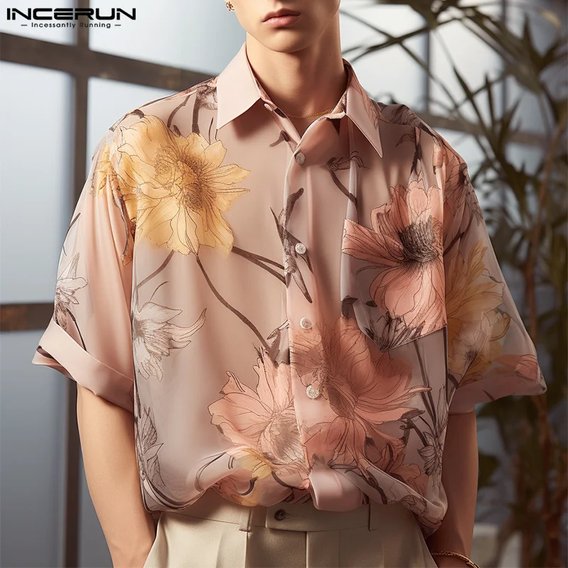 

INCERUN Men Shirt Printing Lapel Short Sleeve Transparent Casual Men Clothing Streetwear 2024 Summer Loose Summer Fashion Shirts