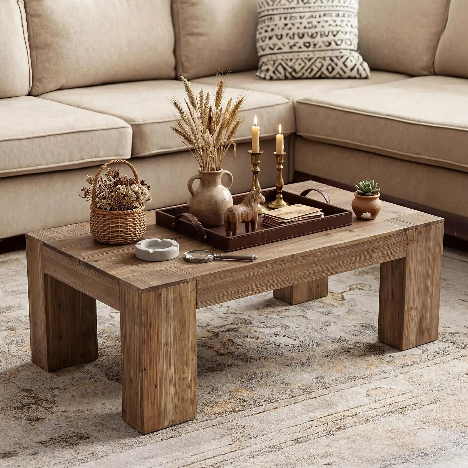 Solid Wood Coffee Table, Modern Farmhouse Wooden Center Table with Heavy-Duty Legs, Rectangle 55.12 Inches Coffee Table, Custom