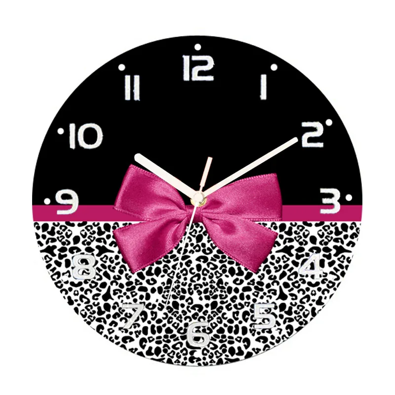 Girly Pink Ribbon Leopard Print Decorative Wall Clock for Living Room Modern Cheetah Leopard Round Wall Watch Large Home Decor