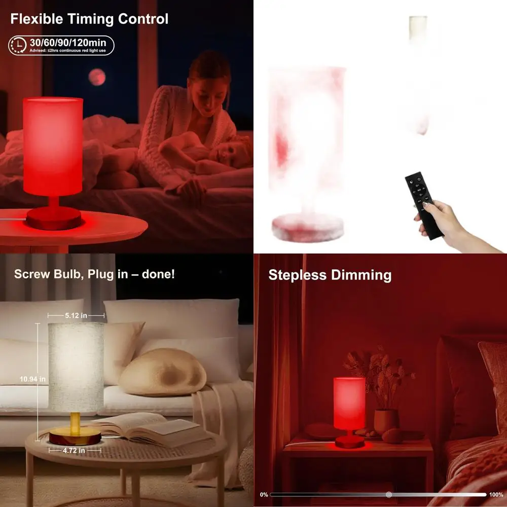 

Диммируемая прикроватная лампа с красными светодиодами 670 нм и белыми светодиодами 3000-6500K, с пультом ДУ, таймером, ночником, функцией памяти, деревянным основанием и тканевым абажуром