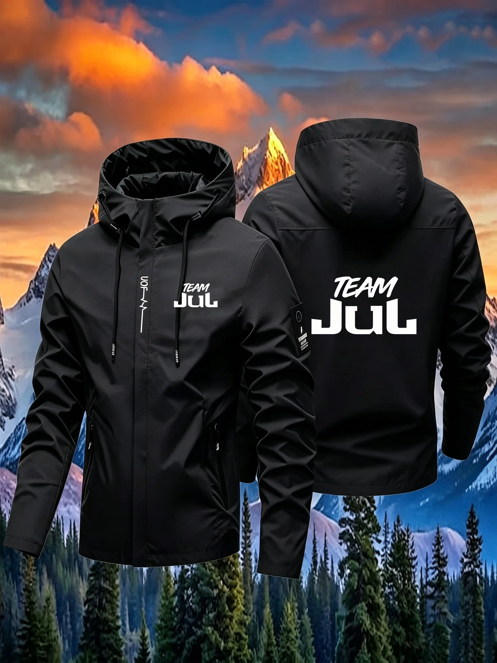 Men's Hooded Outdoor Jacket, TEAM JUL Letter Logo Front and Back Printed Decoration, Cuff and Armband Design,