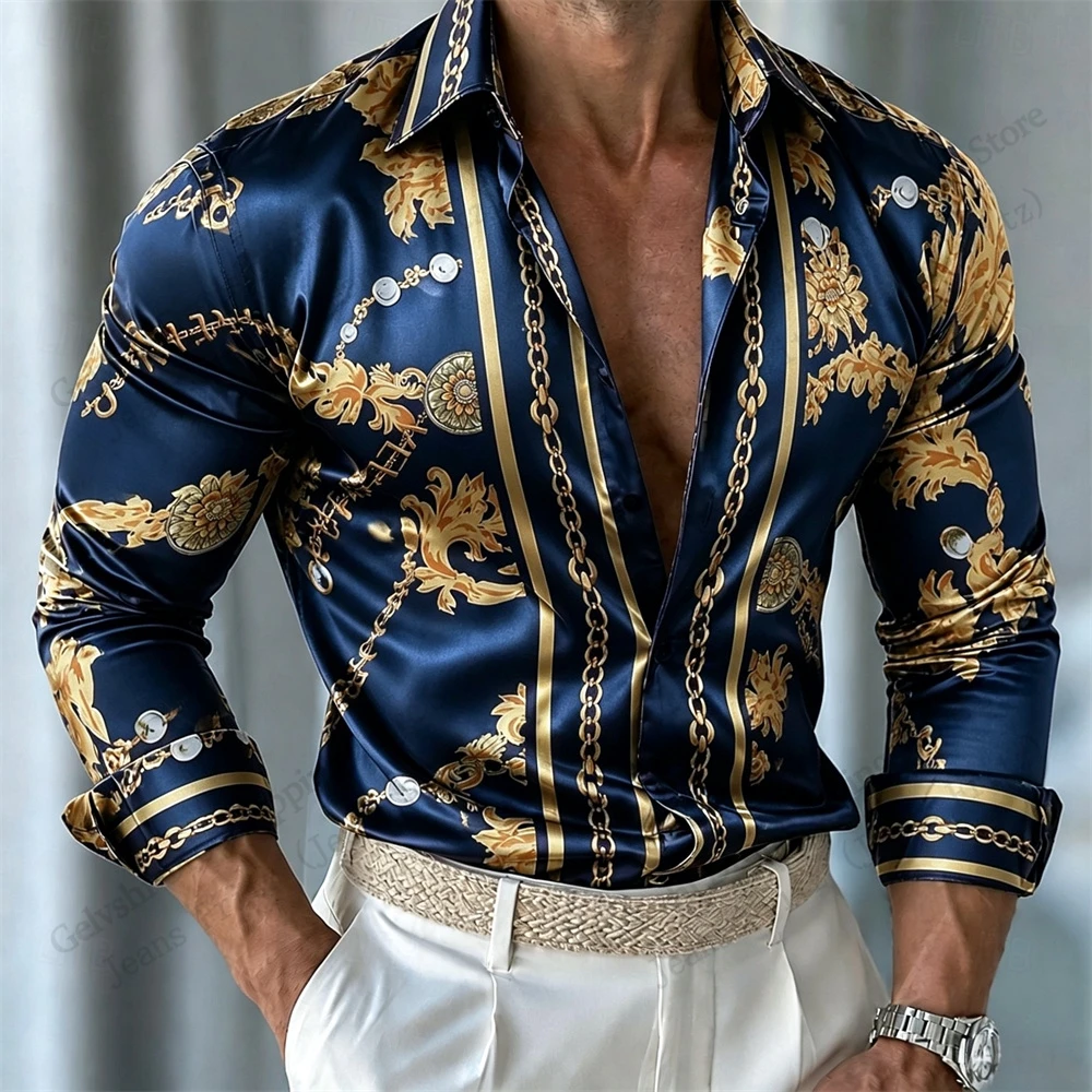Men Golden Chain Long Sleeve Shirt Eu Style Texture 3d Print Shirt Men Women Fashion Soft Fit Blouse Men Clothes Business Office