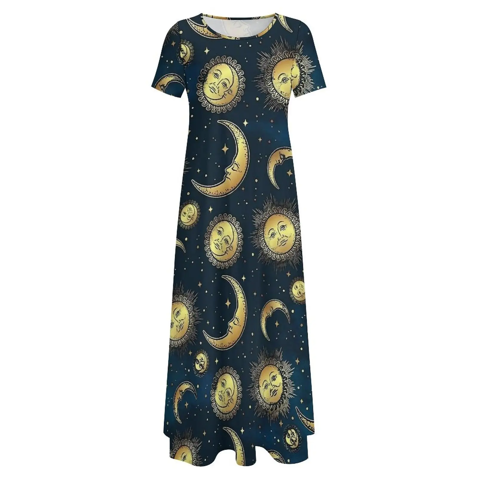Anni '90 Celestial Sun And Moons Dress Kawaii Maxi Dress Street Style Boho Beach Abiti lunghi Donna Manica corta Abiti oversize