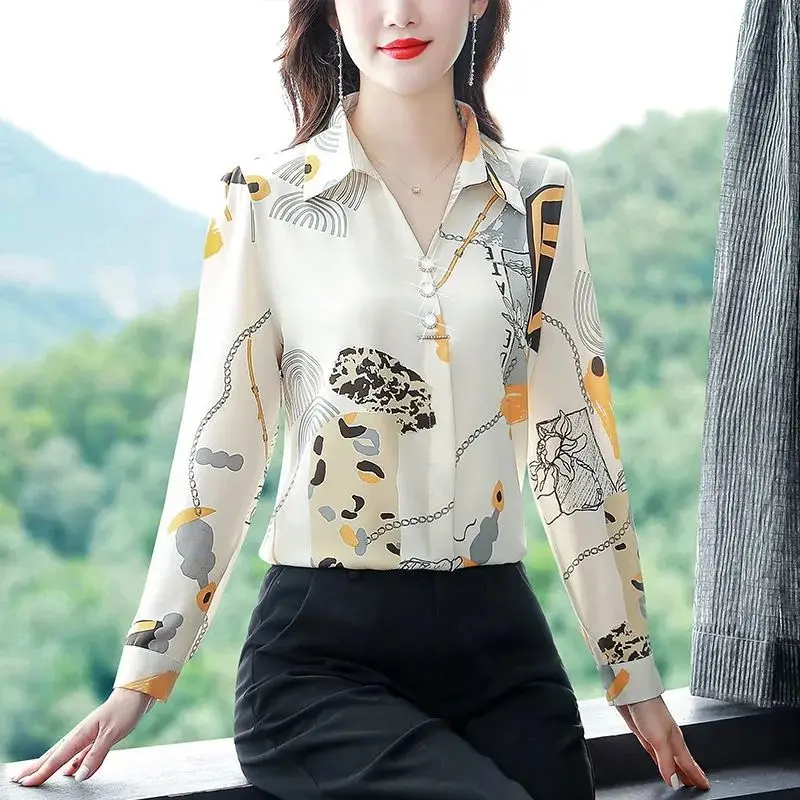 2024 Spring and Autumn Commuter Fashion Elegant Long Sleeved Blouses Loose Lapel Print Plant&Flowers Button Women\'s Shirt Top