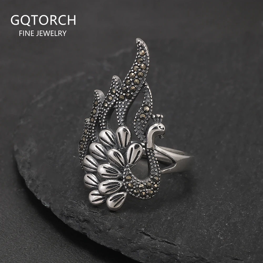 

925 Sterling Silver Vintage Peacock Ring for Women Micro Inlaid Hematite Ethnic Style Party Jewelry Gift for Lady Mom