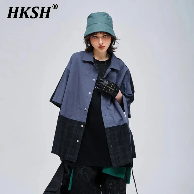 

HKSH Summer New Retro Plaid Patchwork Turn Down Collar Japanese Casual Ribbon Short Sleeve Shirt Trendy Chic Spliced Tops HK2432