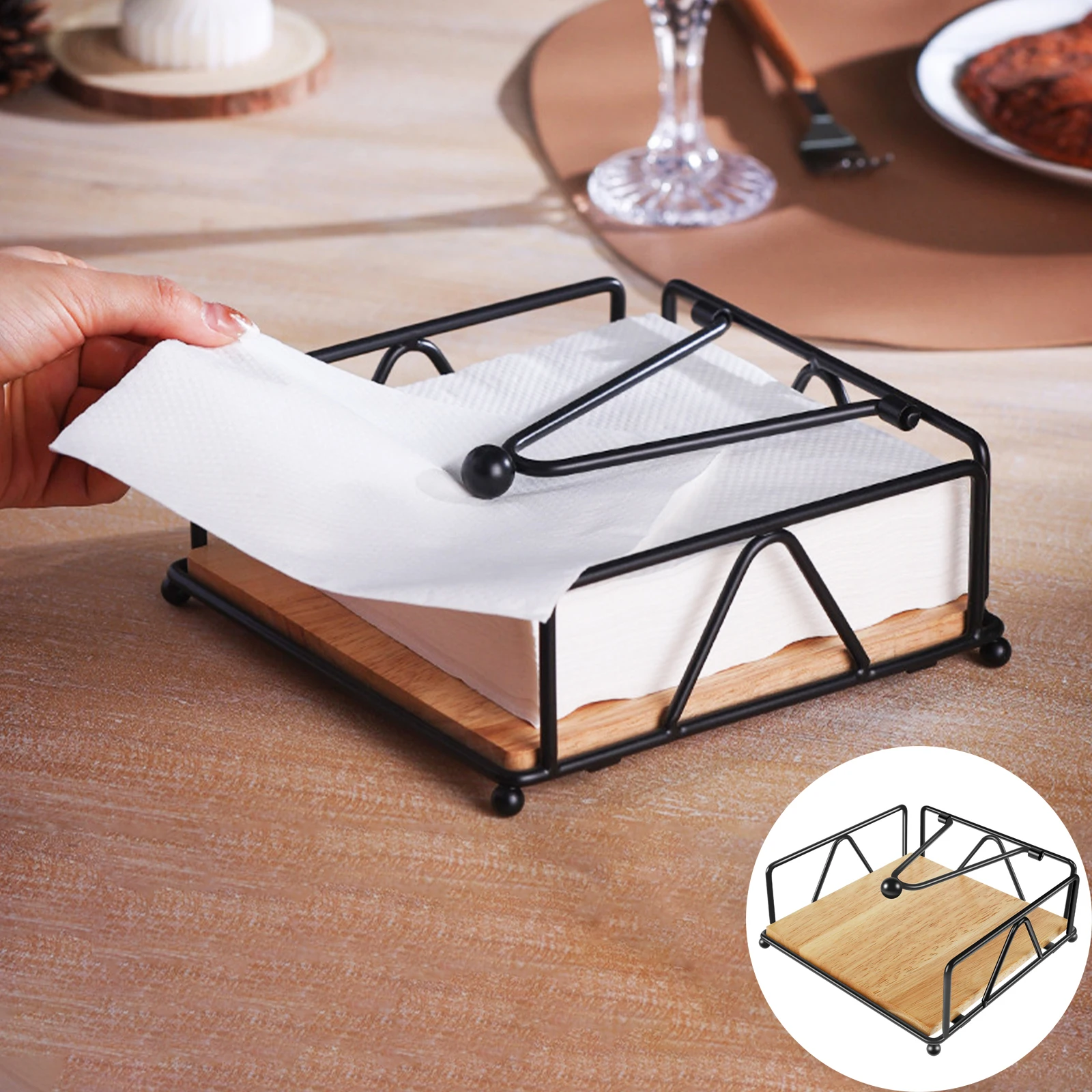 Napkin Holder Iron Flat Serviette Holder Freestanding Wooden Base Square Paper Raised for Kitchen Office Table Reusable